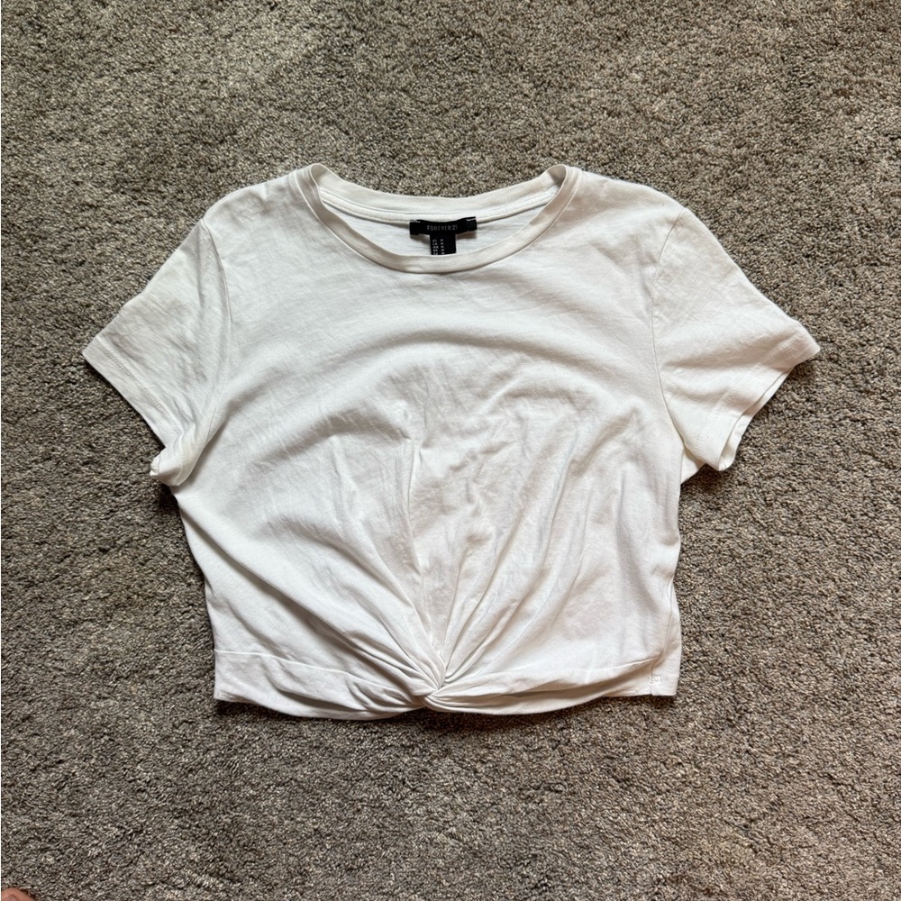 Forever 21 White Tie-Front Crop T-Shirt